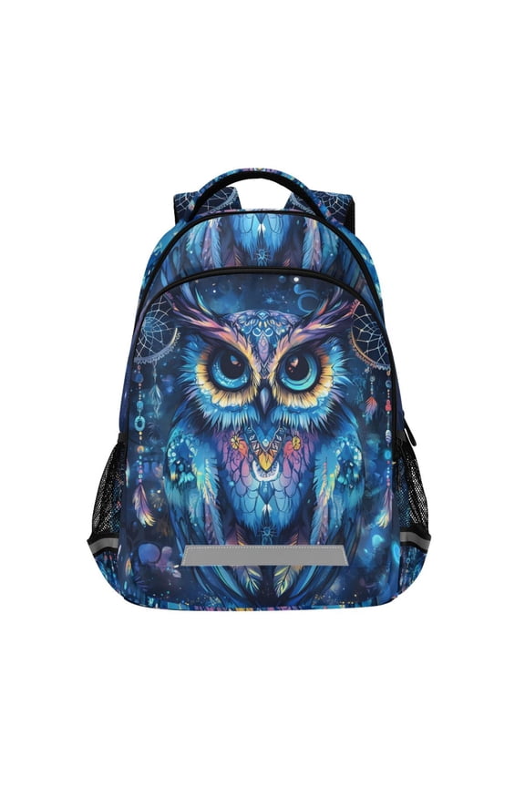 Unisex Backpack Elementary School Travel Bookbag with Reflective Stripes, Blue Owl Pattern