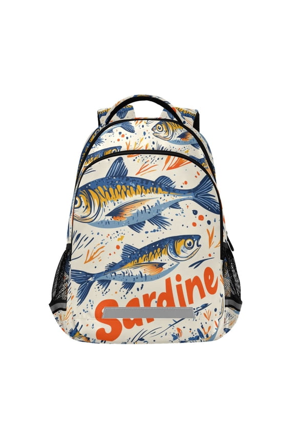Unisex Backpack Elementary School Travel Bookbag with Reflective Stripes, Blue Sardines Pattern