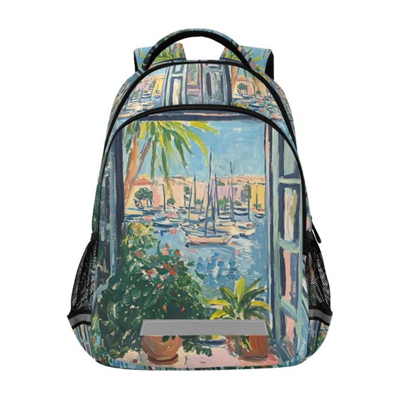 FORMRS Unisex Backpack Elementary School Travel Bookbag with Reflective Stripes, Blue Sea Boat