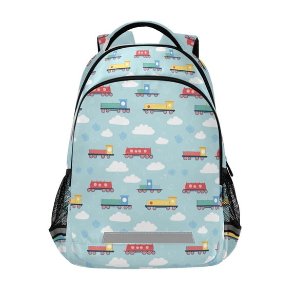 FORMRS Kids School Backpack Elementary Student Unisex Travel Bookbag with Reflective Stripes, Blue Trains Pattern