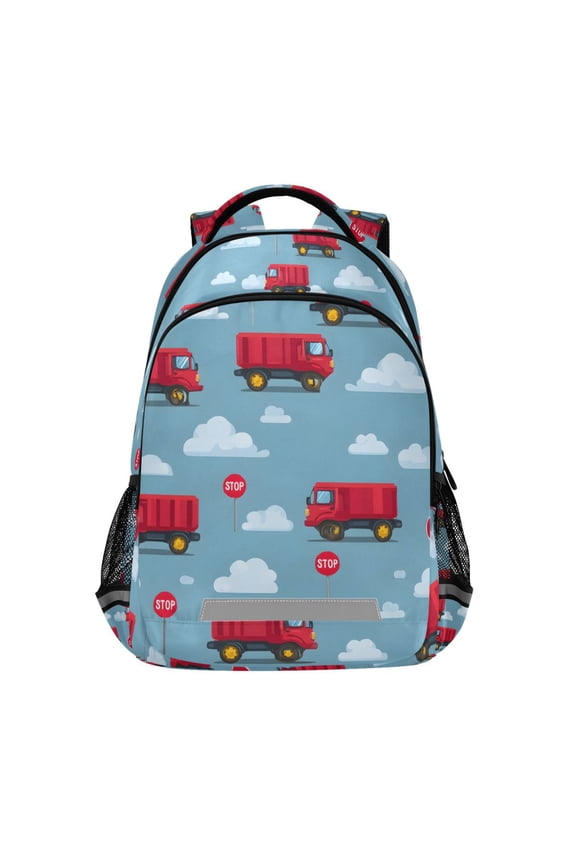 Unisex Backpack Elementary School Travel Bookbag with Reflective Stripes, Blue Truck Pattern