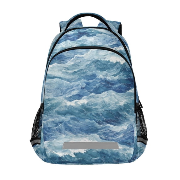 FORMRS Unisex Backpack Elementary School Travel Bookbag with Reflective Stripes, Blue Watercolor Ocean Waves