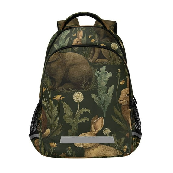 FORMRS Unisex Backpack Elementary School Travel Bookbag with Reflective Stripes, Brown Floral Rabbits Pattern