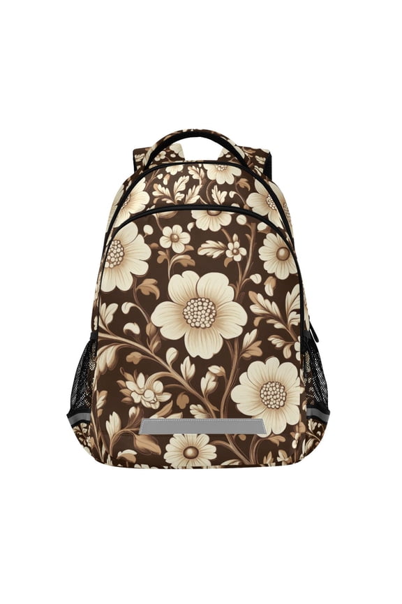 Unisex Backpack Elementary School Travel Bookbag with Reflective Stripes, Brown Floral