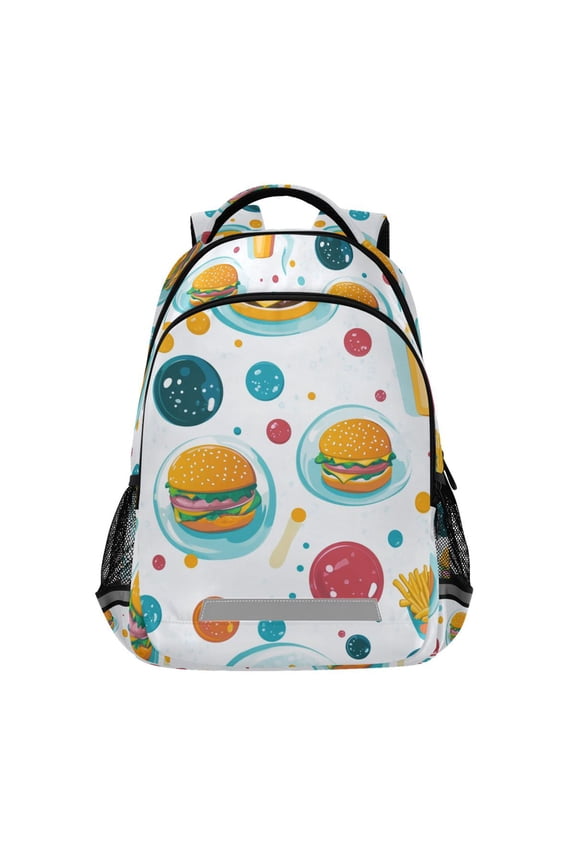 Unisex Backpack Elementary School Travel Bookbag with Reflective Stripes, Bubbles Hamburger