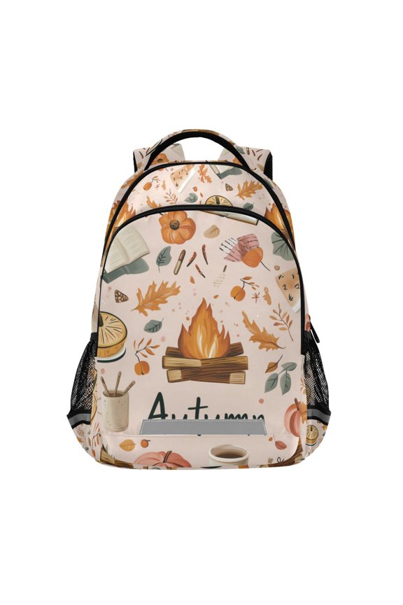 Unisex Backpack Elementary School Travel Bookbag with Reflective Stripes, Campfire Pattern
