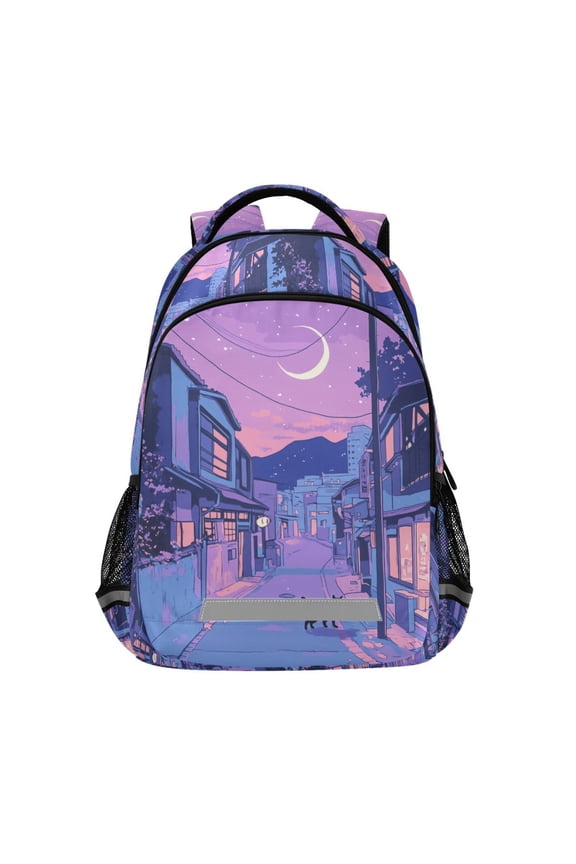 Unisex Backpack Elementary School Travel Bookbag with Reflective Stripes, Cat Walking in Street