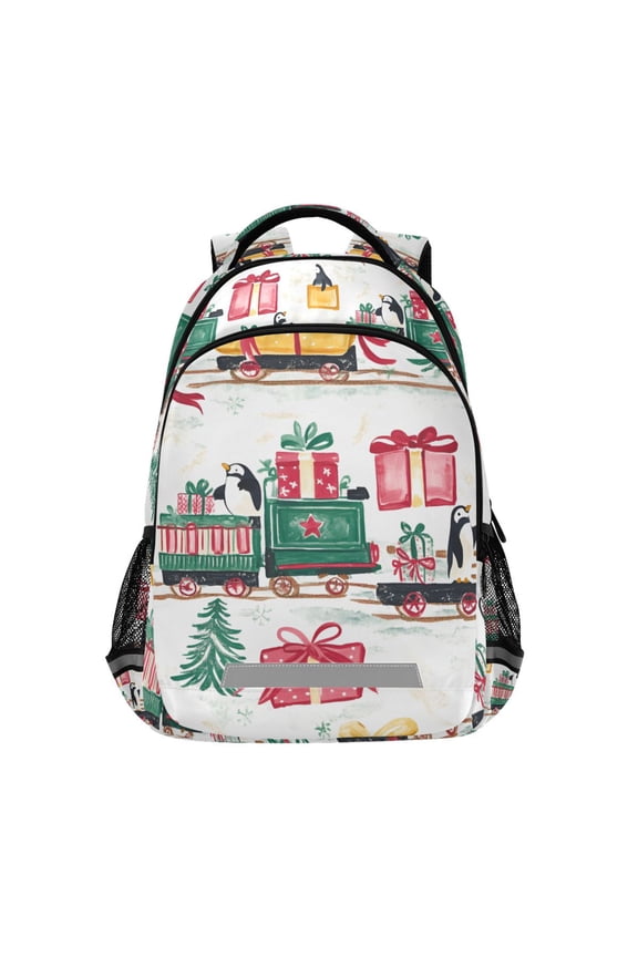 Unisex Backpack Elementary School Travel Bookbag with Reflective Stripes, Christmas Train