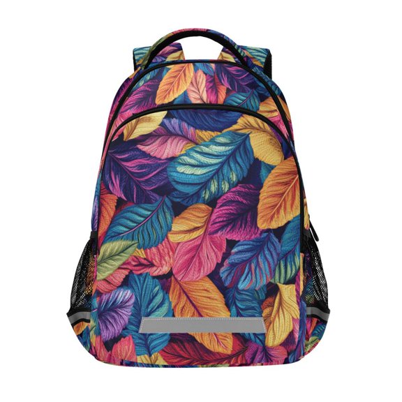 FORMRS Unisex Backpack Elementary School Travel Bookbag with Reflective Stripes, Colorful Art Leaves Pattern