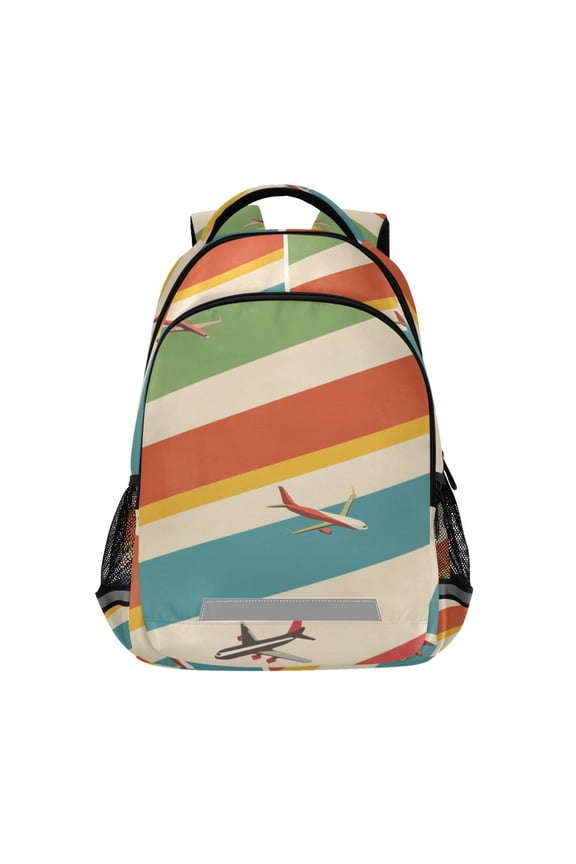 Unisex Backpack Elementary School Travel Bookbag with Reflective Stripes, Colorful Plane