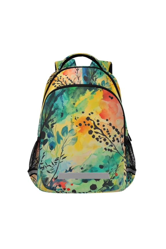 Unisex Backpack Elementary School Travel Bookbag with Reflective Stripes, Colorful Plants