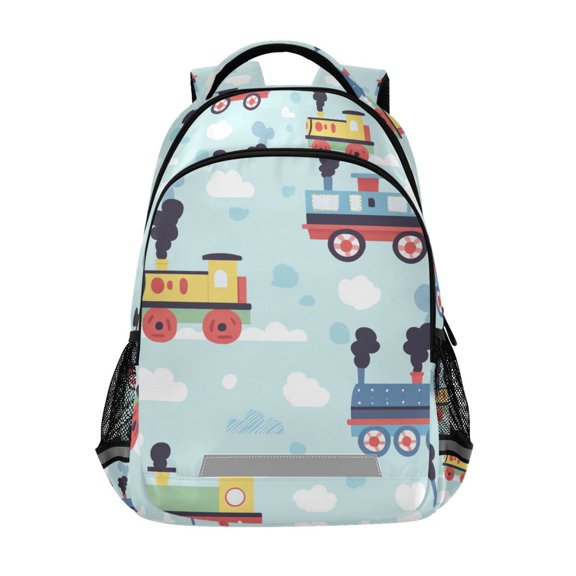 FORMRS Unisex Backpack Elementary School Travel Bookbag with Reflective Stripes, Colorful Trains