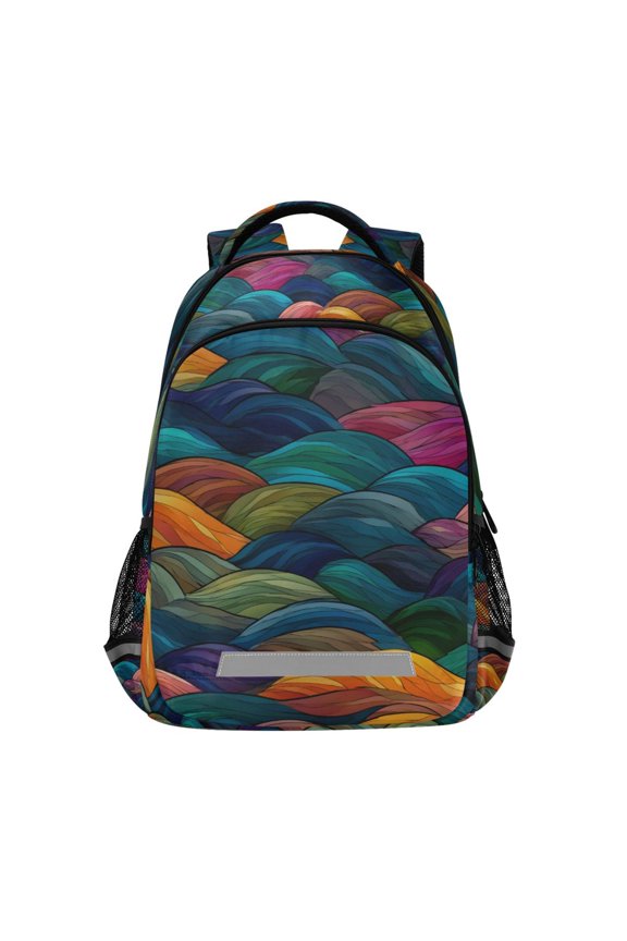 Unisex Backpack Elementary School Travel Bookbag with Reflective Stripes, Colorful Waves Pattern