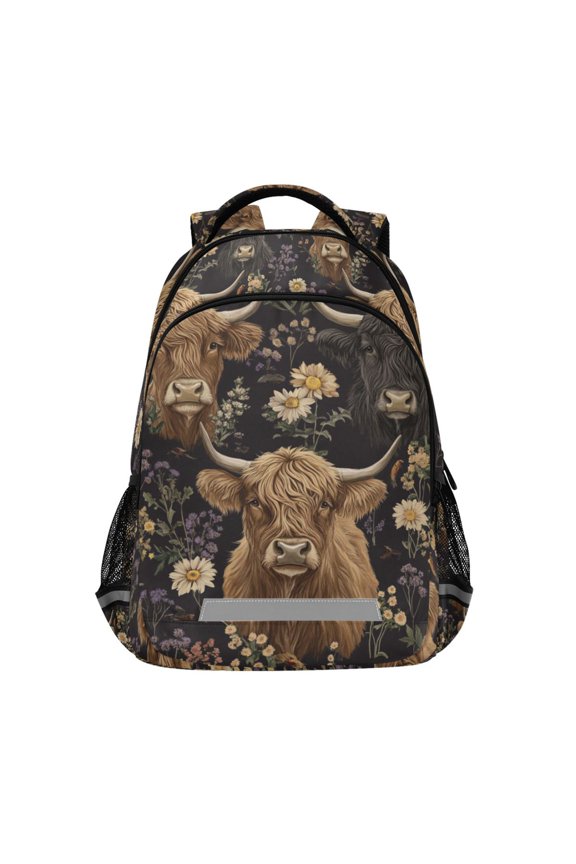 Unisex Backpack Elementary School Travel Bookbag with Reflective Stripes, Cows and Flowers