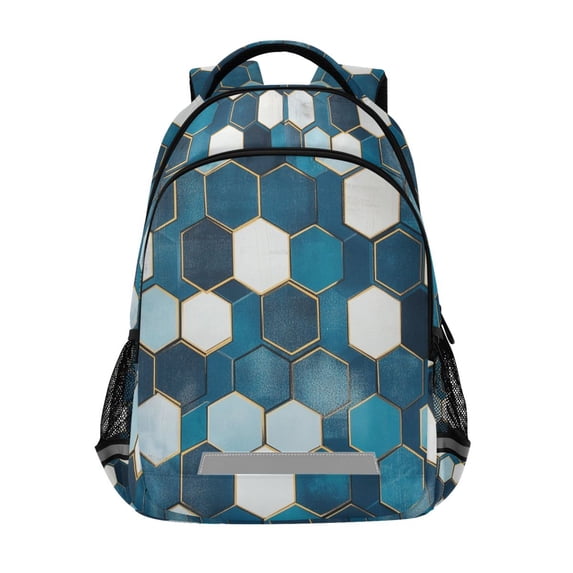 FORMRS Kids School Backpack Elementary Student Unisex Travel Bookbag with Reflective Stripes, Dark Blue Hexagon Patterns