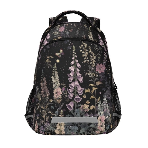 FORMRS Unisex Backpack Elementary School Travel Bookbag with Reflective Stripes, Dark Flowers Pattern