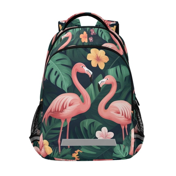 FORMRS Kids School Backpack Elementary Student Unisex Travel Bookbag with Reflective Stripes, Flamingo Leaves Pattern