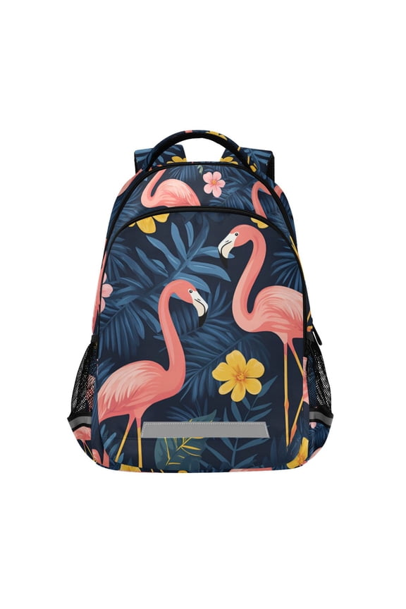 Unisex Backpack Elementary School Travel Bookbag with Reflective Stripes, Floral Flamingo