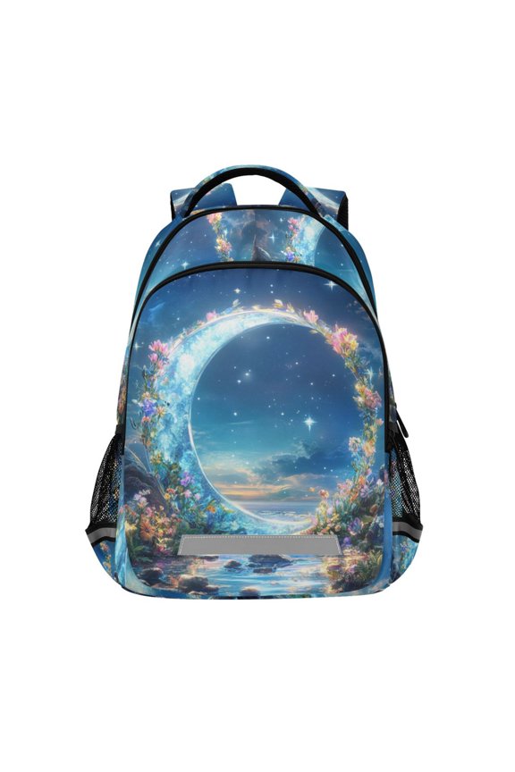 Unisex Backpack Elementary School Travel Bookbag with Reflective Stripes, Floral Moon