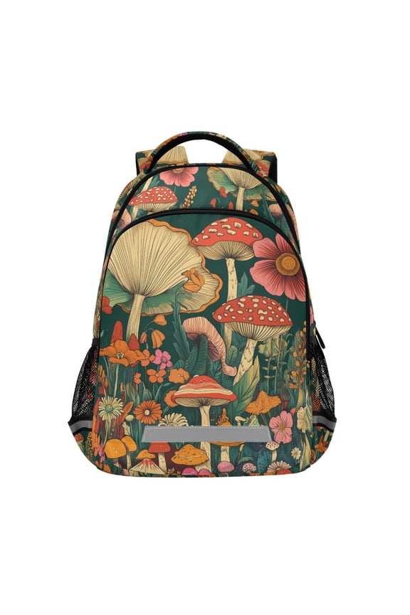Unisex Backpack Elementary School Travel Bookbag with Reflective Stripes, Floral Mushroom