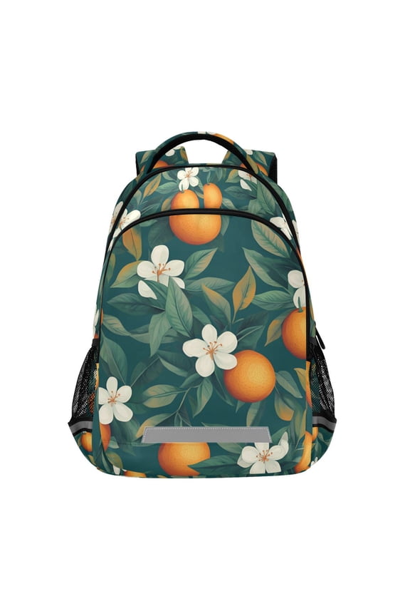 Unisex Backpack Elementary School Travel Bookbag with Reflective Stripes, Floral Orange Pattern