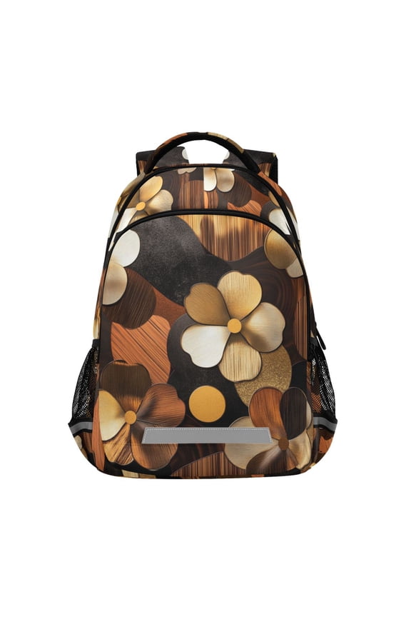 Unisex Backpack Elementary School Travel Bookbag with Reflective Stripes, Gold Flower