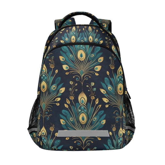 FORMRS Kids School Backpack Elementary Student Unisex Travel Bookbag with Reflective Stripes, Gold Peacock Pattern