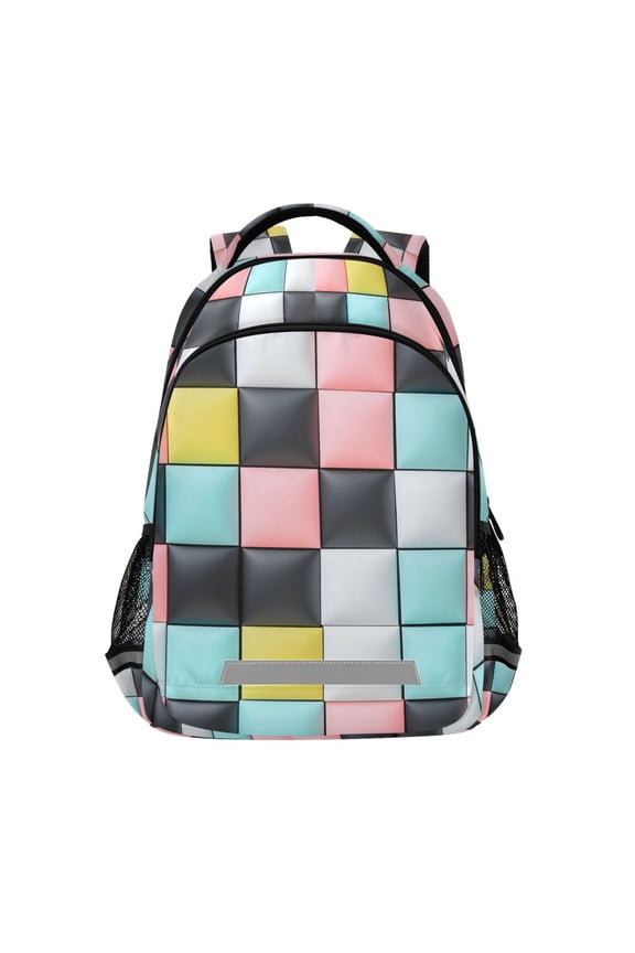Unisex Backpack Elementary School Travel Bookbag with Reflective Stripes, Gray Checkered Pattern