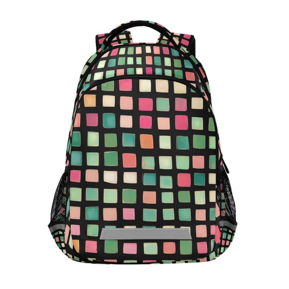 FORMRS Kids School Backpack Elementary Student Unisex Travel Bookbag with Reflective Stripes, Green Block Pattern