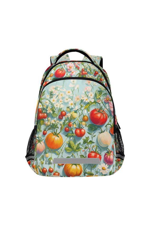 Unisex Backpack Elementary School Travel Bookbag with Reflective Stripes, Green Floral Tomatoes