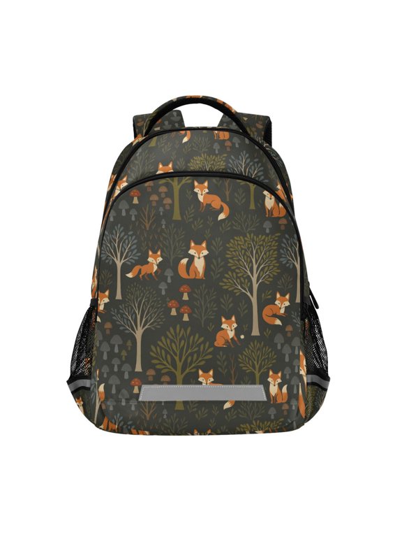Kids School Backpack Elementary Student Unisex Travel Bookbag with Reflective Stripes, Green Forest Fox Pattern