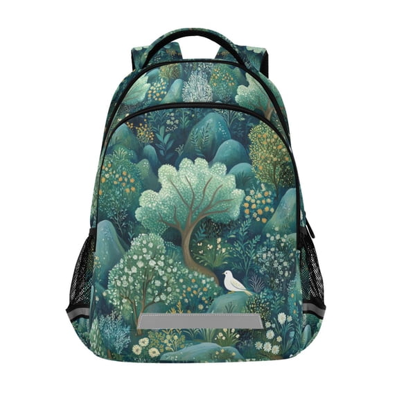 FORMRS Unisex Backpack Elementary School Travel Bookbag with Reflective Stripes, Green Forest Pattern
