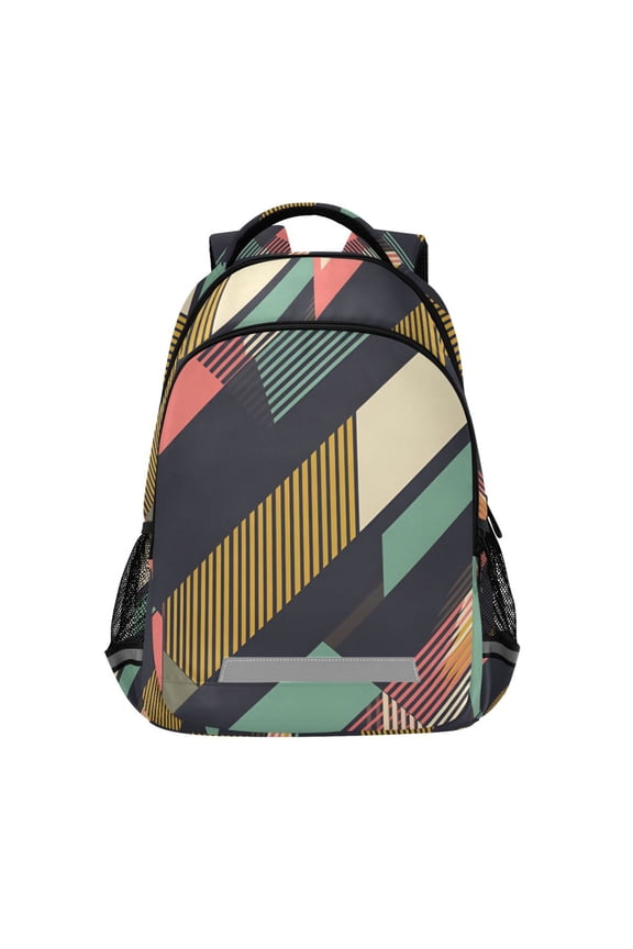 Unisex Backpack Elementary School Travel Bookbag with Reflective Stripes, Green Geometric