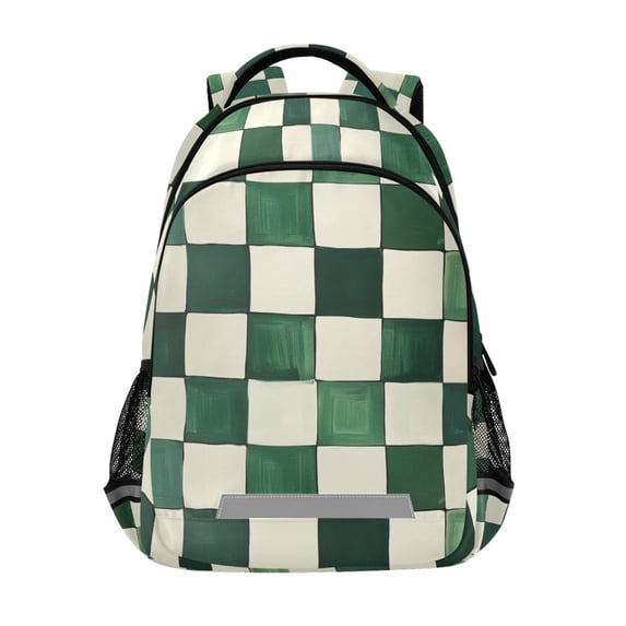 FORMRS Kids School Backpack Elementary Student Unisex Travel Bookbag with Reflective Stripes, Green and White Plaid Pattern