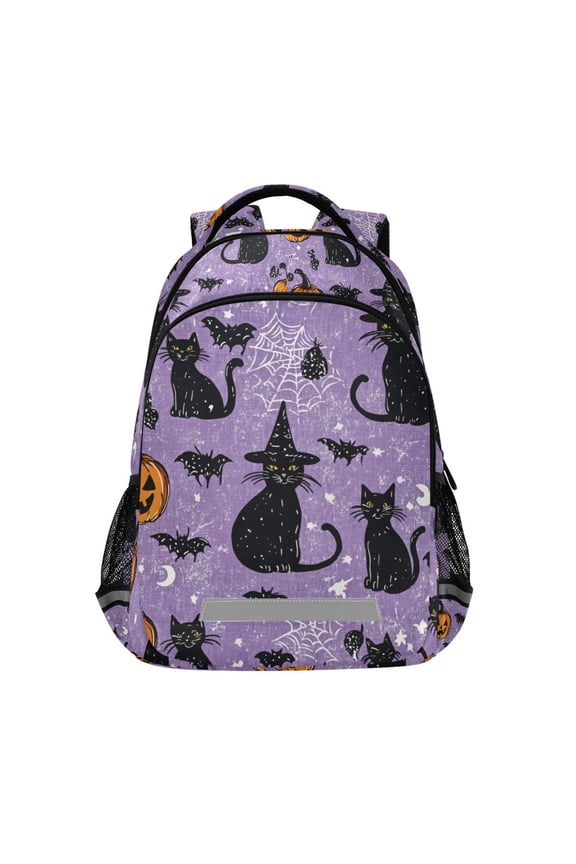 Unisex Backpack Elementary School Travel Bookbag with Reflective Stripes, Halloween Cats