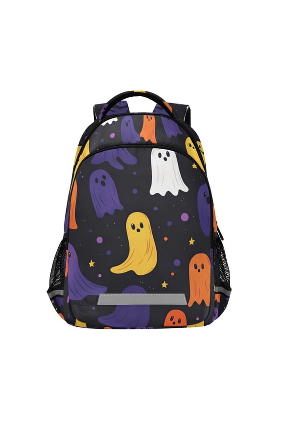 Unisex Backpack Elementary School Travel Bookbag with Reflective Stripes, Halloween Colorful Ghosts