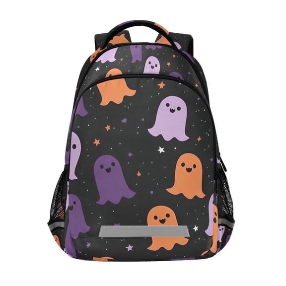 FORMRS Unisex Backpack Elementary School Travel Bookbag with Reflective Stripes, Halloween Orange Ghosts