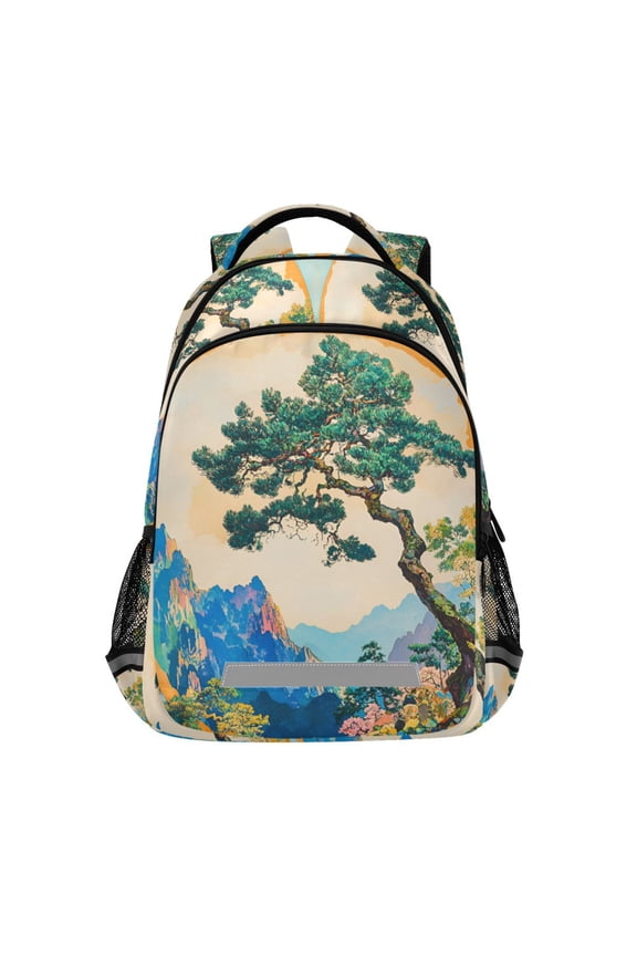 Unisex Backpack Elementary School Travel Bookbag with Reflective Stripes, Large Pine Tree