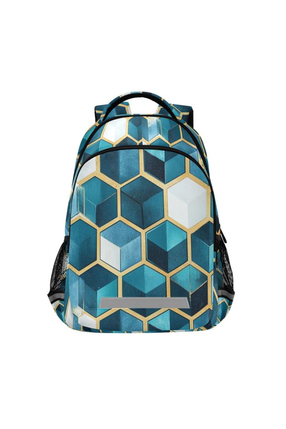 Unisex Backpack Elementary School Travel Bookbag with Reflective Stripes, Light Blue Geometric Pattern