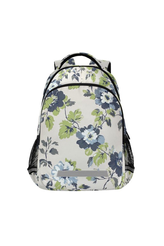 Unisex Backpack Elementary School Travel Bookbag with Reflective Stripes, Light Floral Pattern