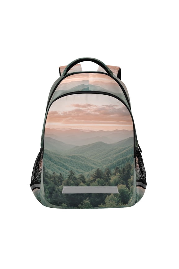 Unisex Backpack Elementary School Travel Bookbag with Reflective Stripes, Mountains at Dawn
