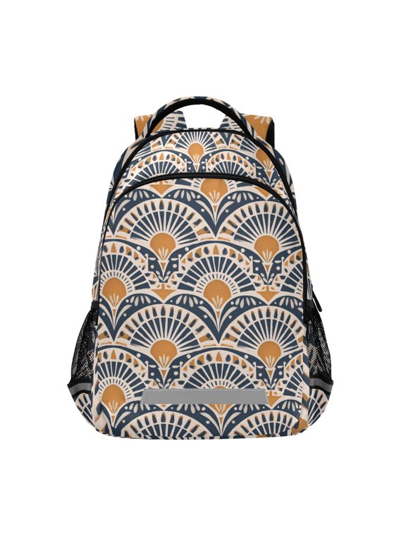 Kids School Backpack Elementary Student Unisex Travel Bookbag with Reflective Stripes, Orange Art Pattern
