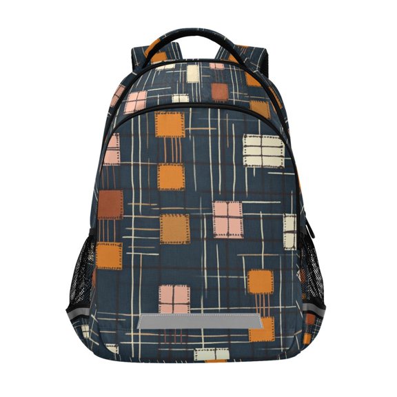 FORMRS Unisex Backpack Elementary School Travel Bookbag with Reflective Stripes, Orange Checkered Pattern