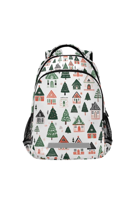Unisex Backpack Elementary School Travel Bookbag with Reflective Stripes, Orange Christmas House