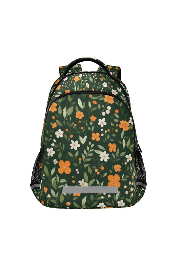 Unisex Backpack Elementary School Travel Bookbag with Reflective Stripes, Orange Flowers