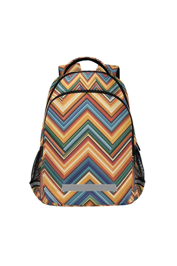 Unisex Backpack Elementary School Travel Bookbag with Reflective Stripes, Orange Geometric