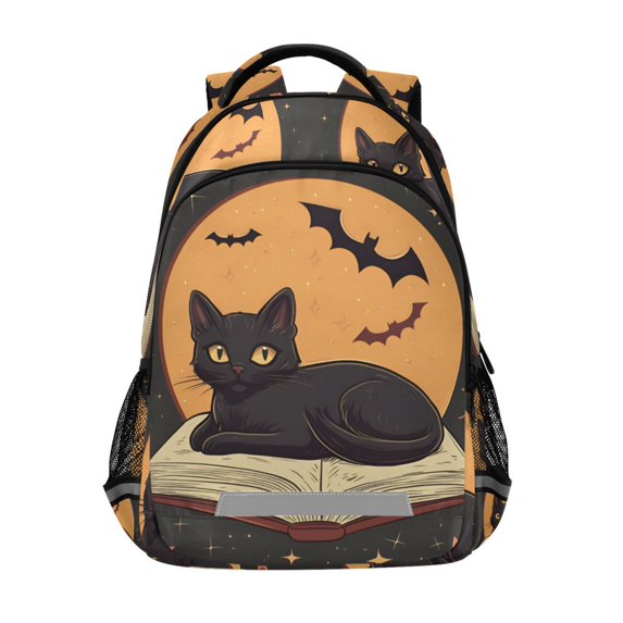 FORMRS Unisex Backpack Elementary School Travel Bookbag with Reflective Stripes, Orange Halloween Cat