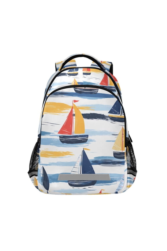 Unisex Backpack Elementary School Travel Bookbag with Reflective Stripes, Orange Hand Drawn Sailboats