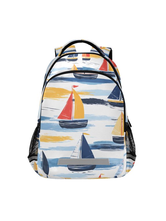 Kids School Backpack Elementary Student Unisex Travel Bookbag with Reflective Stripes, Orange Hand Drawn Sailboats