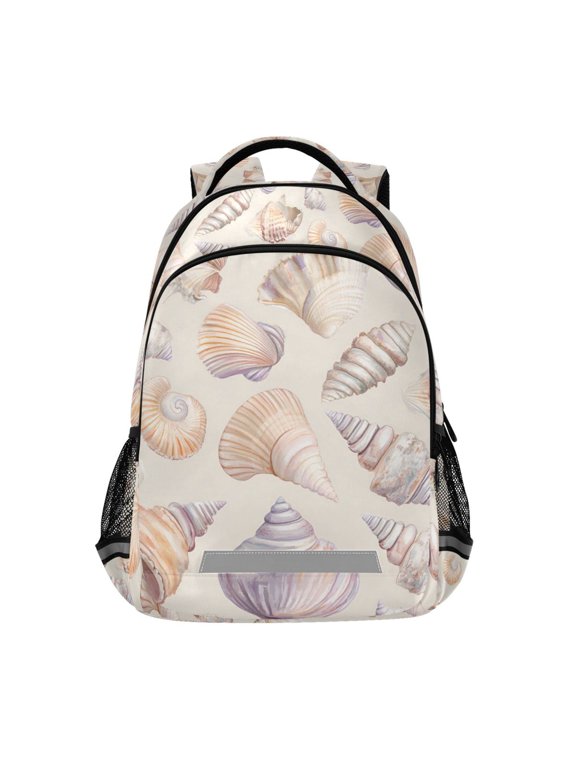 Kids School Backpack Elementary Student Unisex Travel Bookbag with Reflective Stripes, Orange Watercolor Seashells
